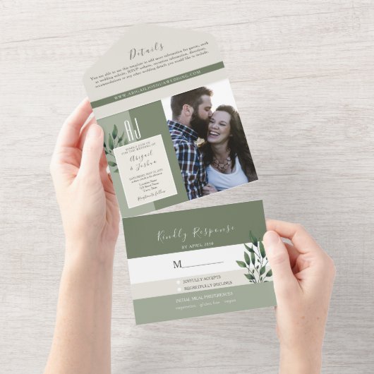 Minimalistische Sage Green Wedding All In One Uitnodiging (Afscheurbaar)