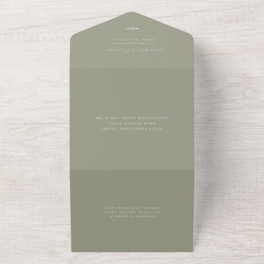 Minimalistische Sage Green Wedding All In One Uitnodiging (Buitenkant)