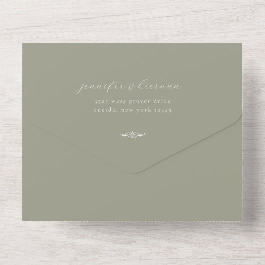 Minimalistische Sage Green Wedding All In One Uitnodiging (Achterkant)