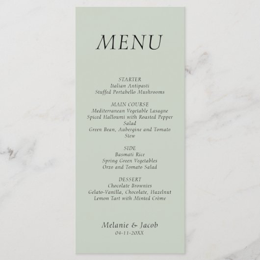 Minimalistische Sage Green Wedding Flat Menu (Voorkant)