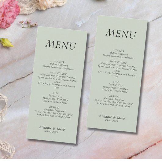 Minimalistische Sage Green Wedding Flat Menu