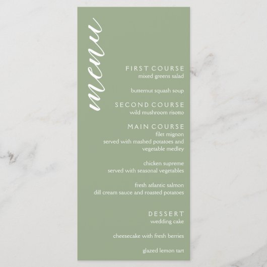 Minimalistische Sage Green Wedding Menu (Voorkant)