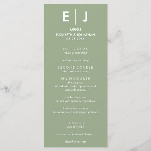 Minimalistische Sage Green Wedding Menu (Voorkant)