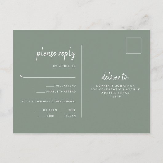 Minimalistische Sage Green Wedding | RSVP van maan Briefkaart (Achterkant)