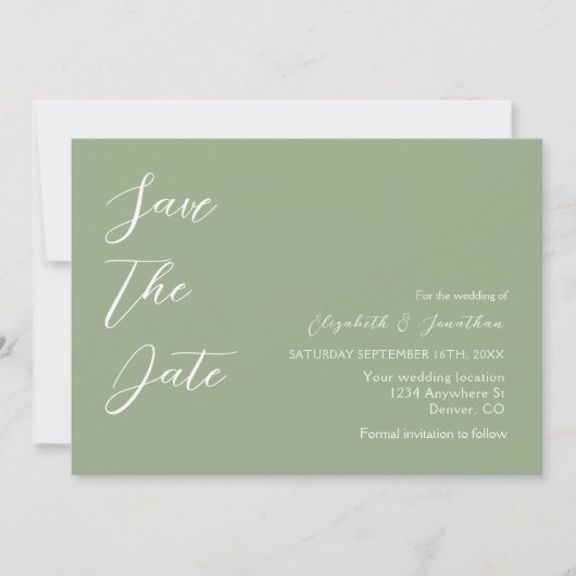 Minimalistische Sage Green Wedding Save The Date (Voorkant)