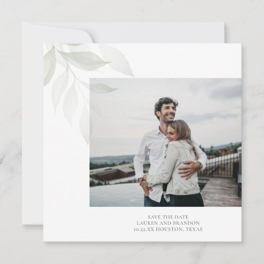 Minimalistische Sage Groen Groen Bruiloft Foto Save The Date (Voorkant)
