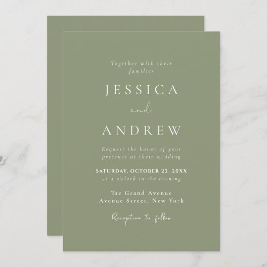 Minimalistische Sage Groen & Wit Bruiloft Kaart (Voorkant / Achterkant)