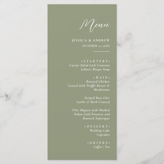 Minimalistische Sage Groen & Wit Eenvoudige Bruilo Menu (Voorkant)