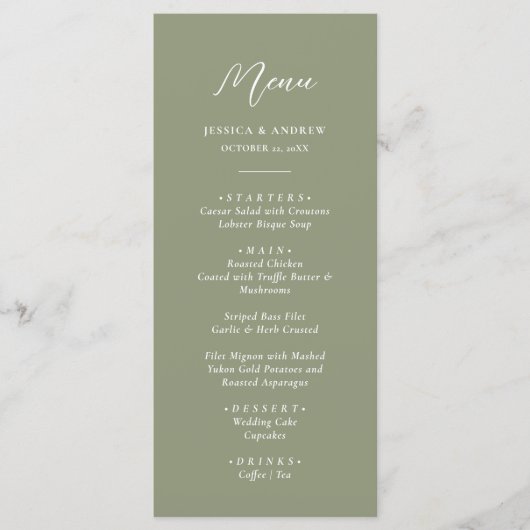 Minimalistische Sage Groen & Wit Eenvoudige Bruilo Menu (Voorkant)