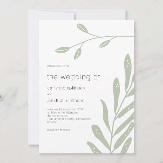 Minimalistische Sage Groene bladeren Bruiloft Kaart (Voorkant)