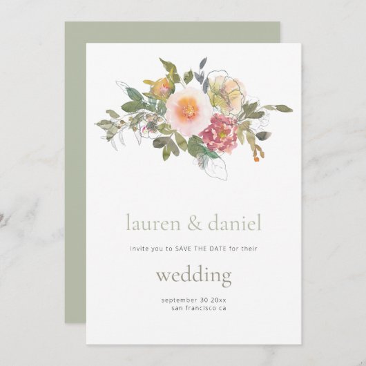 Minimalistische Sage Groene Bloemen QR Bruiloft Save The Date (Voorkant / Achterkant)