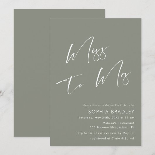 Minimalistische Sage Groene Bruidsdouche Uitnodigi Kaart (Voorkant / Achterkant)