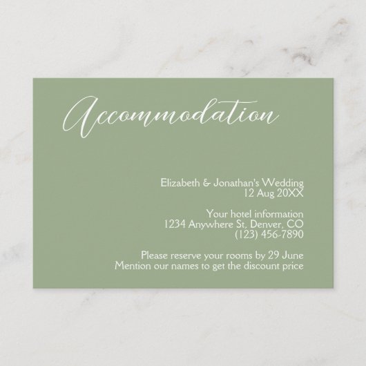 Minimalistische Sage Groene Bruiloft Accommodatie Informatiekaartje (Voorkant)