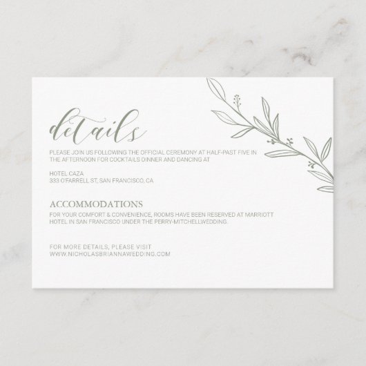 Minimalistische Sage Groene Elegante Bruiloft Deta Informatiekaartje (Voorkant)