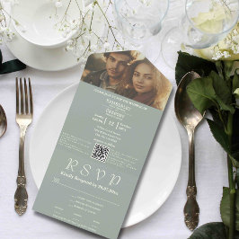 Minimalistische Sage Groene Ivoor Foto QR Code E-m All In One Uitnodiging