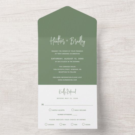Minimalistische Sage Groene Moderne Bruiloft All In One Uitnodiging (Binnen)