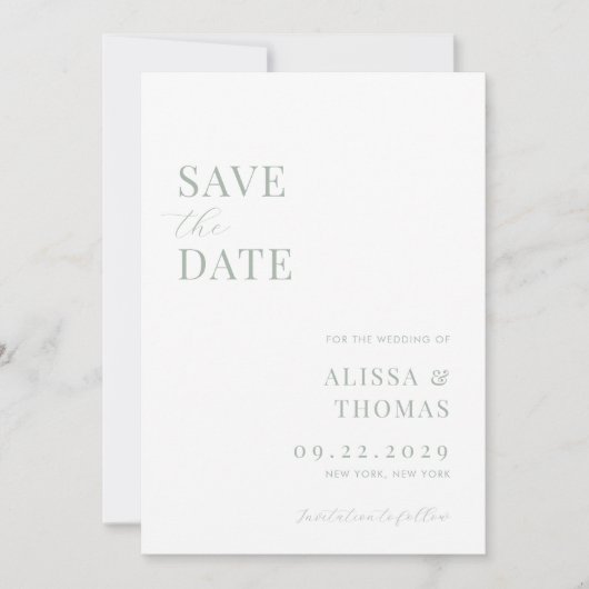 Minimalistische Sage Groene Moderne Bruiloft Save The Date (Voorkant)