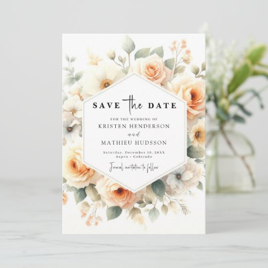 Minimalistische Sage Peach bruiloft Save The Date (Staand voorkant)