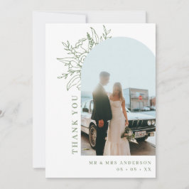 Minimalistische salie bloemenboog foto bruiloft bedankkaart