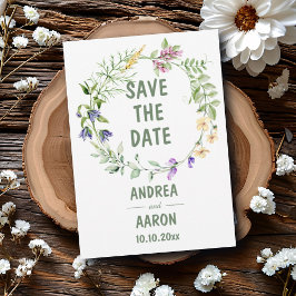 Minimalistische salie bloemenkrans 5x7" save the date