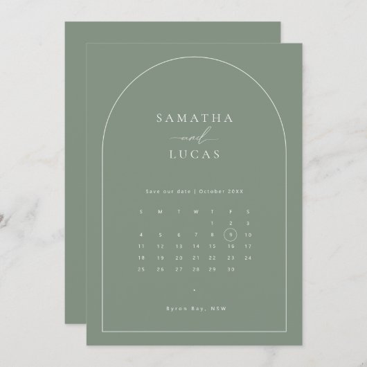 Minimalistische salie boog kalender Save the Date Kaart (Voorkant / Achterkant)