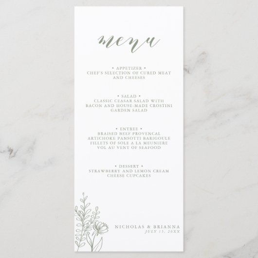 Minimalistische salie groen moderne boho bruiloft  menu (Voorkant)
