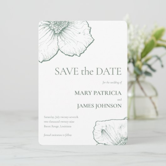 Minimalistische salie groene bloem moderne bruilof save the date (Staand voorkant)
