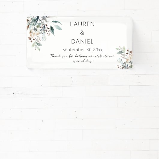 Minimalistische salie laat namen bruiloft dank u spandoek (Insitu)