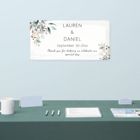 Minimalistische salie laat namen bruiloft dank u spandoek (Beurs)