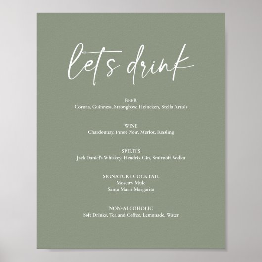 Minimalistische Saliegroen Boho Bruiloft Drankbar  Poster (Voorkant)