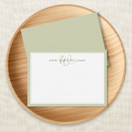 Minimalistische Saliegroen Twee Rand Monogram Notitiekaartje