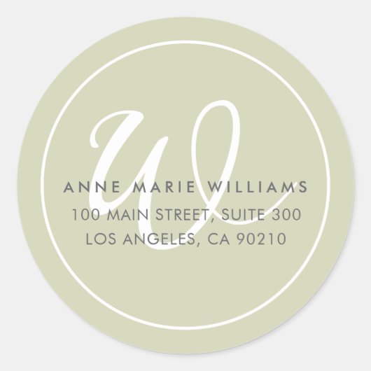 Minimalistische saliegroen witte script rand monog ronde sticker (Voorkant)