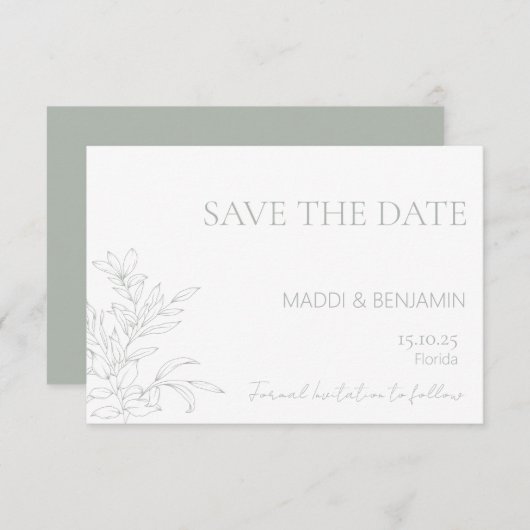 Minimalistische saliegroene bloemen save-the-datek RSVP kaartje (Voorkant / Achterkant)