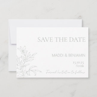 Minimalistische saliegroene bloemen save-the-datek RSVP kaartje