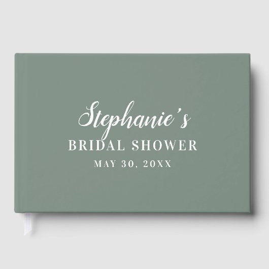 Minimalistische saliegroene en witte bruidsdouche gastenboek (Voorkant)