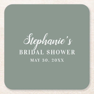 Minimalistische saliegroene en witte bruidsdouche kartonnen onderzetters