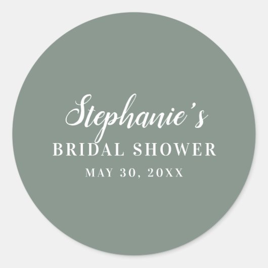 Minimalistische saliegroene en witte bruidsdouche ronde sticker (Voorkant)