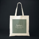 Minimalistische saliegroene en witte bruidsdouche tote bag<br><div class="desc">De Minimalist Sage Green en Witte Bruiloftsfeest Tas heeft een schoon en modern ontwerp met een zachte saliegroene achtergrond. Op de voorkant staat eenvoudige witte tekst, waardoor een subtiel contrast ontstaat dat het bericht benadrukt zonder het ontwerp te overweldigen. De minimalistische esthetiek geeft het een verfijnd, elegant gevoel, waardoor het...</div>