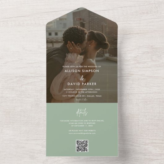 Minimalistische saliegroene foto QR-code All In One Uitnodiging (Binnen)