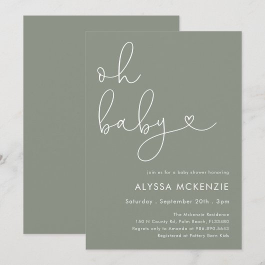 Minimalistische saliegroene moderne babyshower uit kaart (Voorkant / Achterkant)