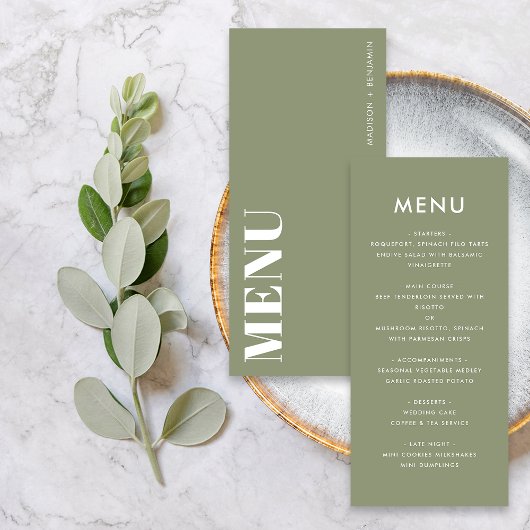 Minimalistische saliegroene moderne bruiloft met s menu