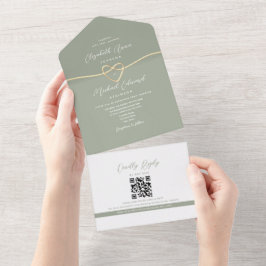 Minimalistische saliegroene QR-code trouwkaart All In One Uitnodiging