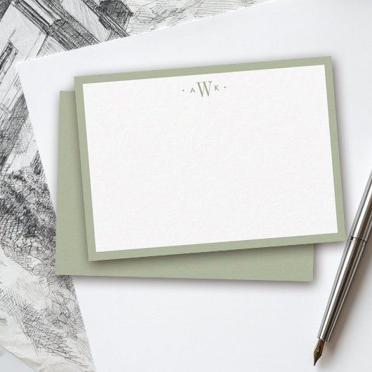 Minimalistische saliegroene rand moderne monogram notitiekaartje