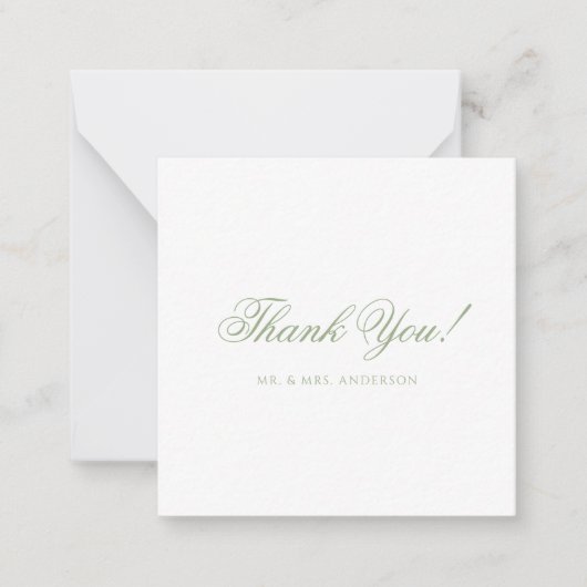 Minimalistische saliegroene script bruiloft bedank notitiekaartje (Voorkant)