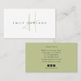 Minimalistische saliegroene script monogram naam visitekaartje