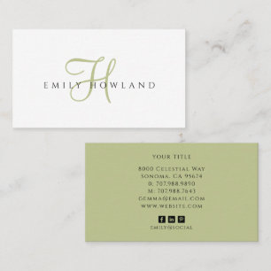 Minimalistische saliegroene script monogram naam visitekaartje