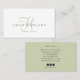 Minimalistische saliegroene script monogram naam visitekaartje