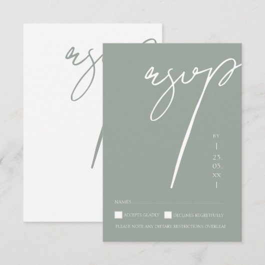 Minimalistische saliegroene script typografie trou RSVP kaartje (Voorkant / Achterkant)