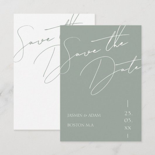 Minimalistische saliegroene script typografie trou save the date (Voorkant / Achterkant)