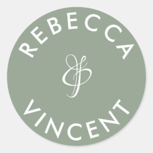 Minimalistische saliegroene trouwdag gepersonalise ronde sticker